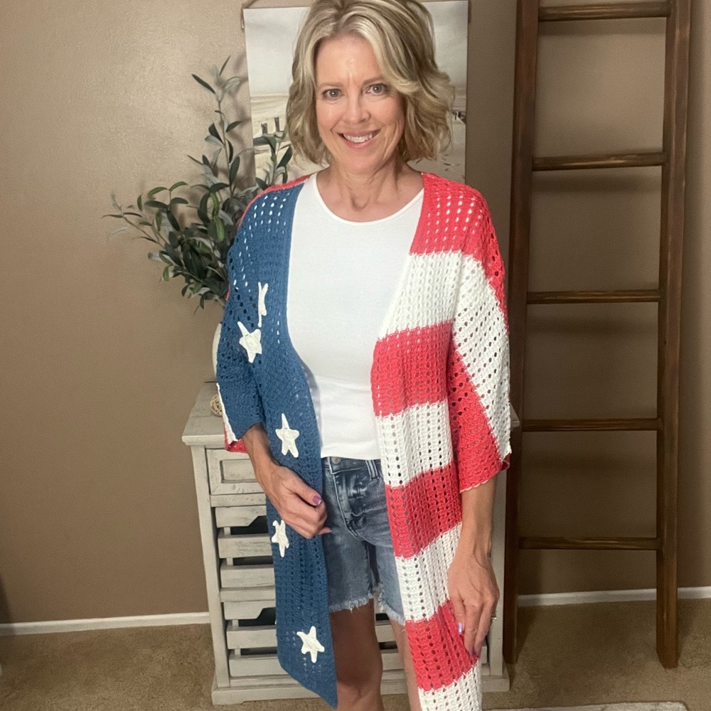 BiBi Red and White Cardigan Sweater with Patriotic Design - Picture 3 of 7